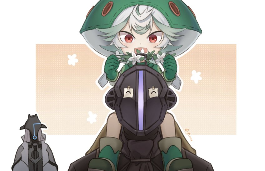 1girl, 2boys, ^_^, big_hair, black_coat, bondrewd, carrying, closed_eyes