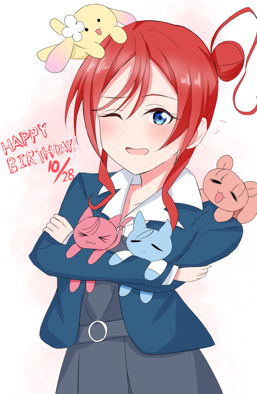 1girl, :3, :d, ;d, absurdres, animal, animal_on_head, animal_on_shoulder, animalization, blue_eyes, blue_jacket, blush, cat, closed_mouth, collared_shirt, commentary_request, dated, dolce_(love_live!), dress, dress_shirt, dual_persona, flying_sweatdrops, gradient_background, grey_dress, hair_bun, happy_birthday, highres, jacket, liella!_second_generation, long_sleeves, lop_rabbit, love_live!, love_live!_superstar!!, matcha_moti_(matcha_427), on_head, one_eye_closed, onitsuka_natsumi, open_clothes, open_jacket, open_mouth, pink_background, pleated_dress, rabbit, red_hair, sakurakoji_kinako, school_uniform, shirt, short_hair_with_long_locks, single_side_bun, smile, solid_circle_eyes, split_mouth, squirrel, upper_body, wakana_shiki, white_background, white_shirt, winter_uniform, yoneme_mei, yuigaoka_school_uniform