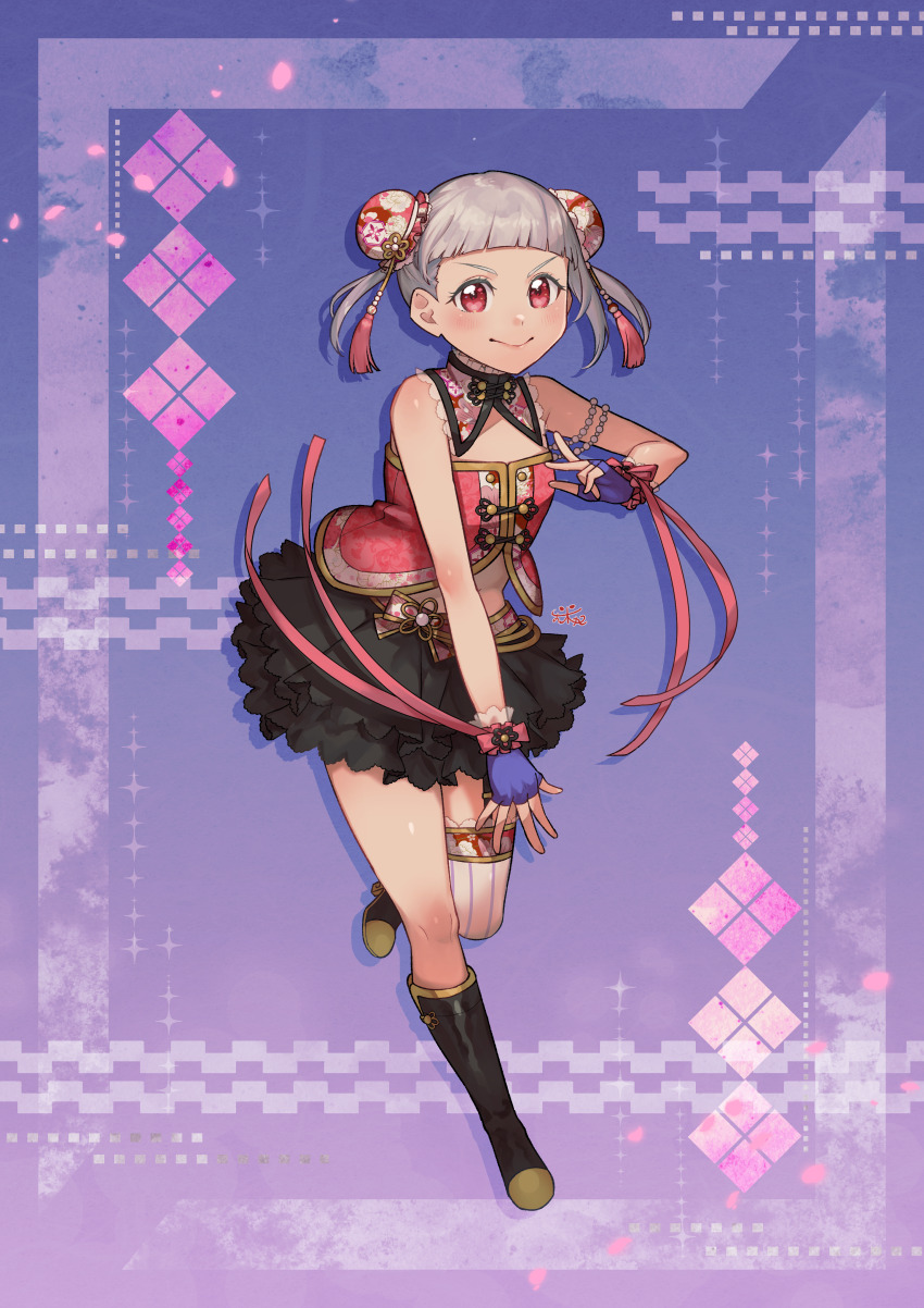 1girl, absurdres, alternate_costume, arashi_chisato, arched_bangs, black_boots, black_skirt, blush