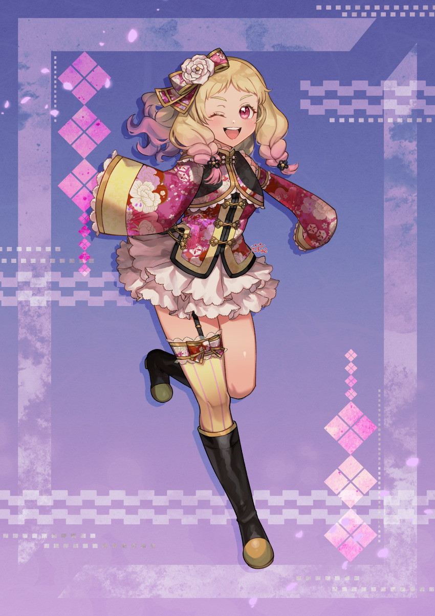 1girl, ;d, absurdres, alternate_costume, black_boots, blonde_hair, boots, bow