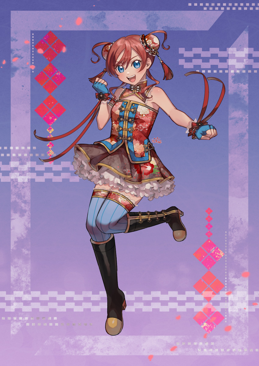 1girl, :d, absurdres, alternate_costume, black_boots, black_skirt, blue_gloves, blue_thighhighs, blush, boots, bun_cover, chinese_clothes, commentary_request, double_bun, fingerless_gloves, full_body, gloves, gradient_background, hair_bun, high_heel_boots, high_heels, highres, knee_boots, looking_at_viewer, love_live!, love_live!_superstar!!, miniskirt, okome_maru, open_mouth, pinstripe_thighhighs, purple_background, red_shirt, shirt, short_hair_with_long_locks, skirt, smile, solo, strapless, strapless_shirt, teeth, thighhighs, upper_teeth_only, v-shaped_eyebrows, yoneme_mei, zettai_ryouiki