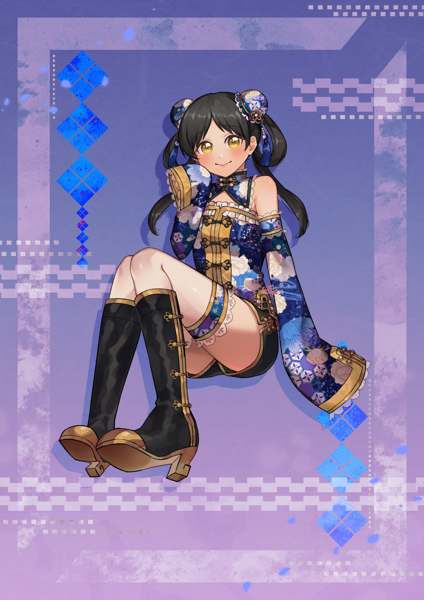 1girl, absurdres, alternate_costume, black_boots, black_hair, black_shorts, blue_shirt, blush