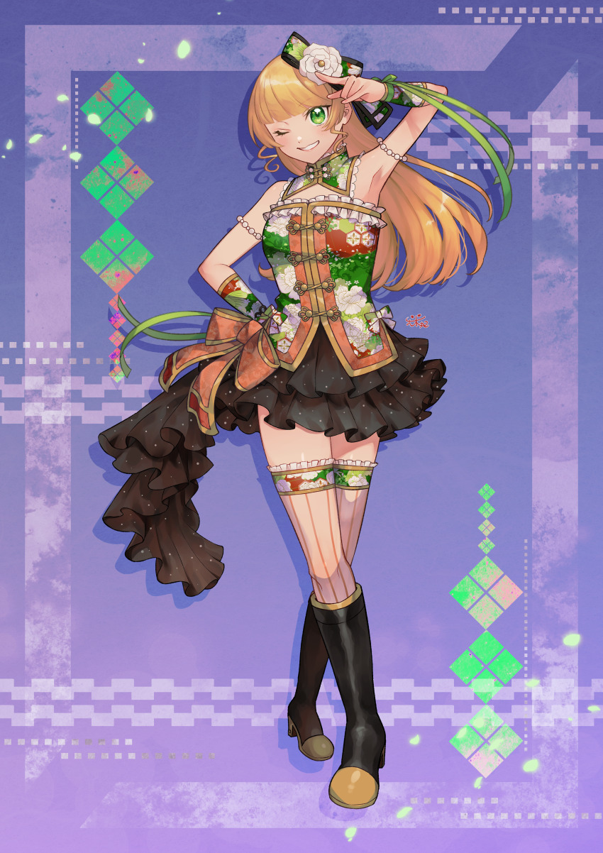 1girl, ;d, absurdres, alternate_costume, armpits, black_boots, blonde_hair, blunt_bangs