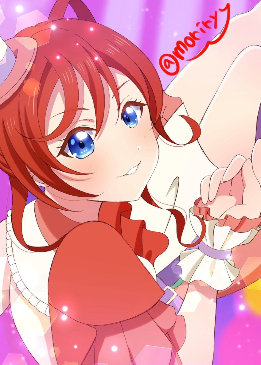 1girl, :3, blue_eyes, blurry, blurry_background, commentary_request, costume_request, dress