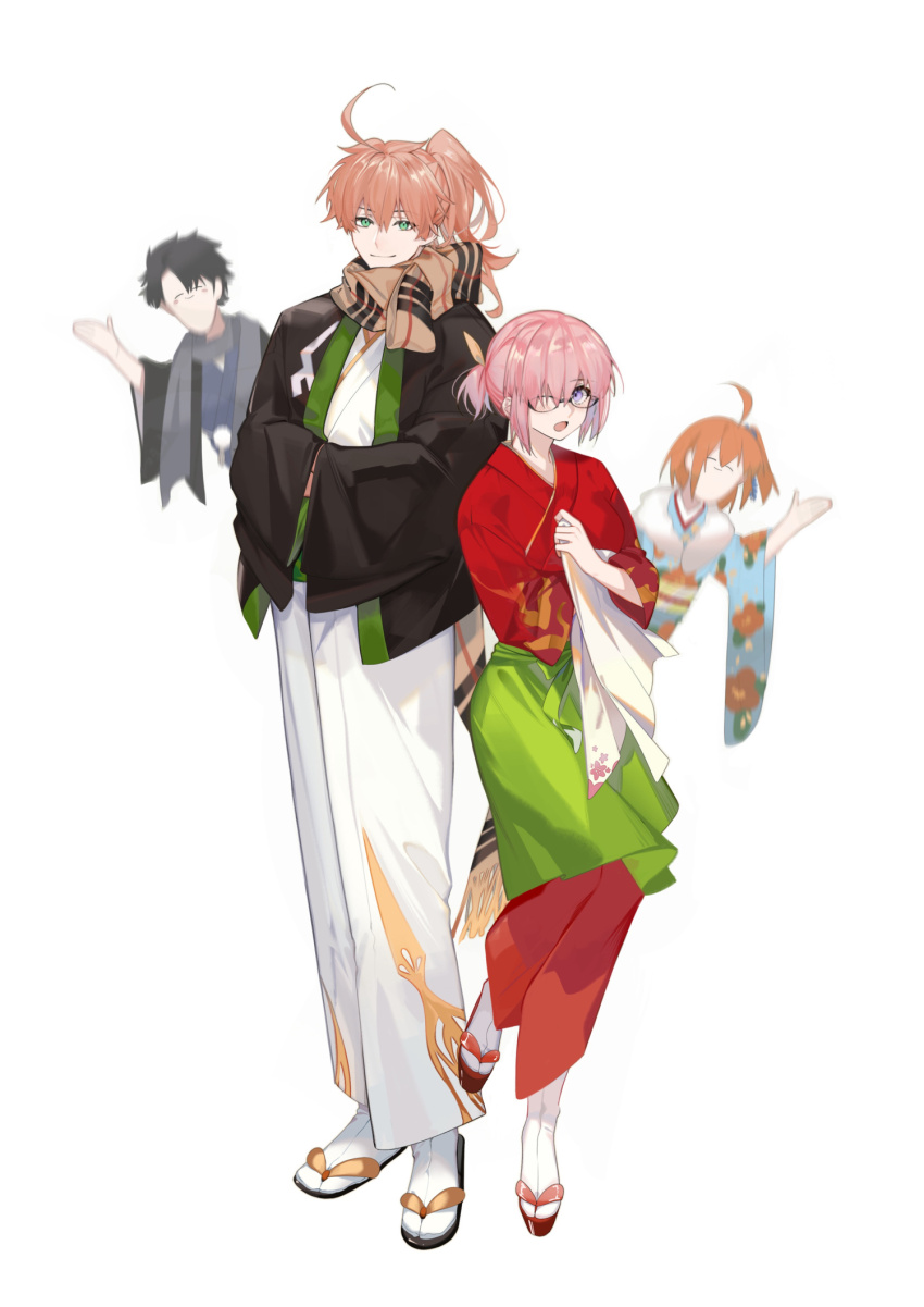 2boys, 2girls, :o, ahoge, alternate_costume, apron, arlizi, black-framed_eyewear