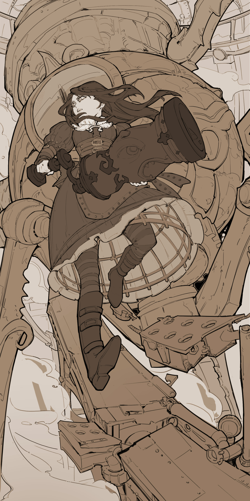 1girl, absurdres, alice:_madness_returns, alice_liddell_(american_mcgee's_alice), american_mcgee's_alice, annolymous, black_dress, brown_theme, dress, floating_hair, from_below, highres, holding, holding_weapon, looking_afar, pepper_grinder, solo, steampunk, striped_clothes, striped_thighhighs, thighhighs, weapon