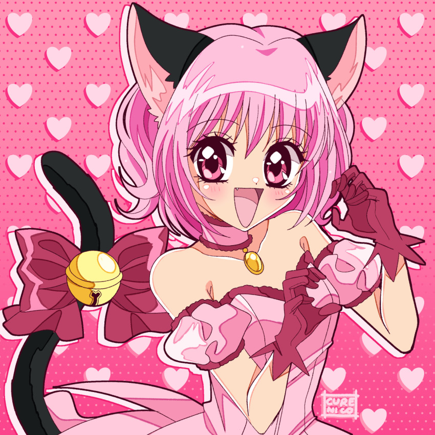 1girl, animal_ears, artist_name, bare_shoulders, bell, blush, bow, cat_ears