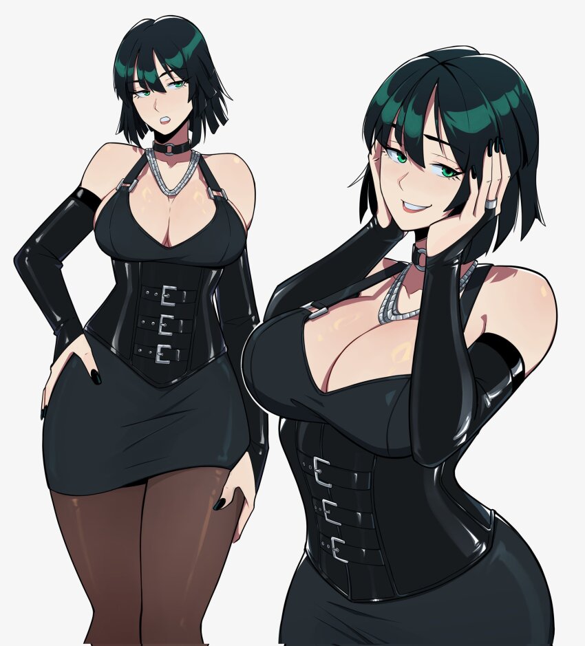 1girl, aneurysm_ax, bare_shoulders, black_corset, black_dress, black_hair, black_nails, blunt_bangs, breasts, choker, corset, dress, elbow_gloves, eyebrows_hidden_by_hair, fingernails, fubuki_(one-punch_man), gloves, green_eyes, hair_between_eyes, hand_on_own_hip, hand_on_own_thigh, hands_on_own_face, highres, jewelry, large_breasts, lips, looking_at_viewer, lower_lip_only, multiple_views, necklace, o-ring, o-ring_choker, one-punch_man, pantyhose, pencil_skirt, plunging_neckline, short_hair, simple_background, skirt, teeth, upper_body, white_background