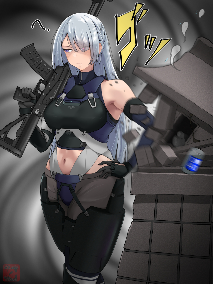 1girl, ?, ak-15, ak-15_(girls'_frontline), armpit_crease, artist_logo, assault_rifle, bare_shoulders