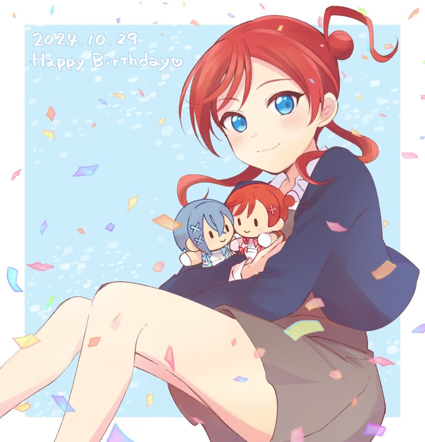 1girl, :3, blue_background, blue_eyes, blue_hair, blue_jacket, border, character_doll