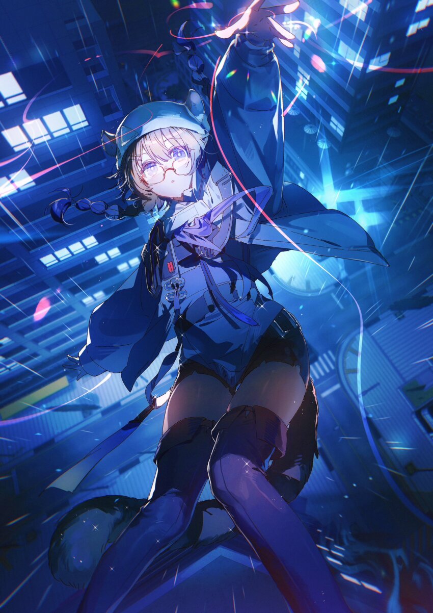 1girl, animal_ears, arknights, belt, black_shorts, boots, braid, brown_hair, bucket_hat, city, city_lights, cityscape, commentary, contrail_(arknights), falling, feet_out_of_frame, from_above, glasses, hair_ornament, hairclip, hat, highres, jacket, long_sleeves, looking_at_viewer, medium_hair, night, outdoors, outstretched_arm, purple_eyes, qinglai_haiji, reaching, reaching_towards_viewer, shirt, shorts, solo, squirrel_ears, squirrel_girl, squirrel_tail, untranslatable_commentary, tail, thigh_boots, thighs, twin_braids, white_hat, white_jacket