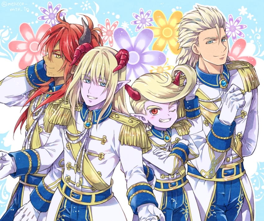 4boys, alternate_costume, azbar_(dragon_quest), black_horns, blonde_hair, blue_eyes, blue_pants, colored_skin