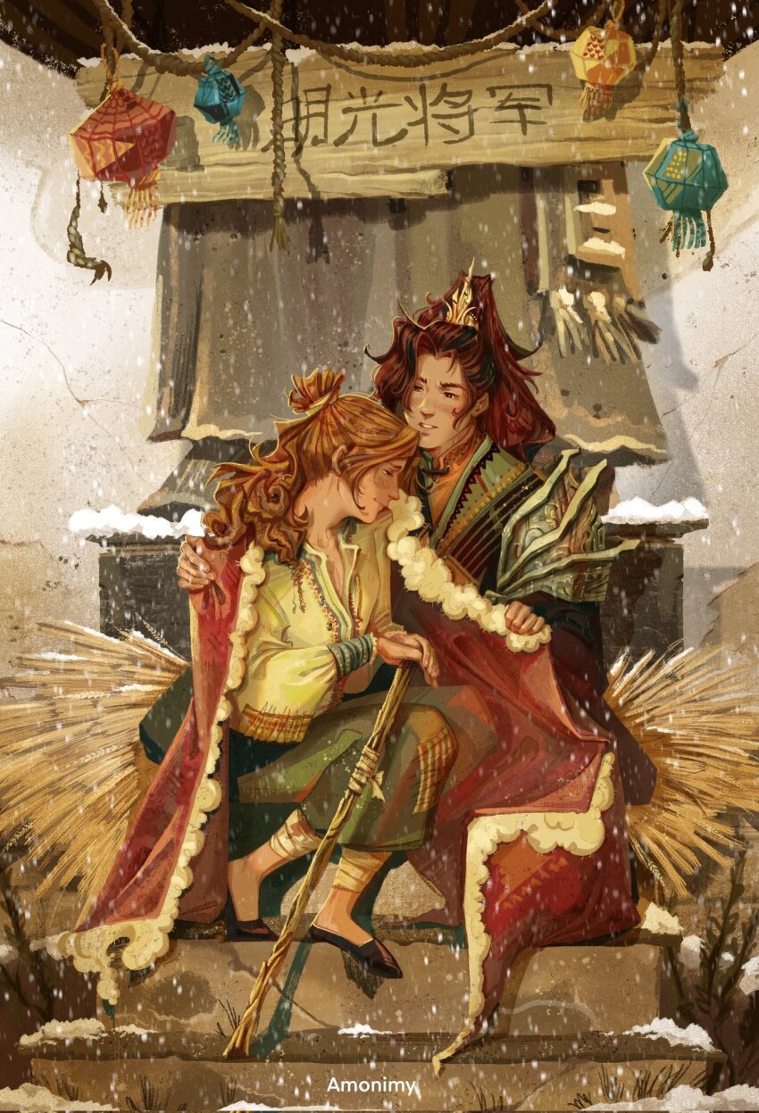 1boy, 1girl, amonimy, armor, bandaged_leg, bandages, black_eyes, blood