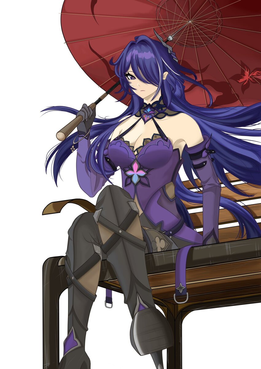 1girl, acheron_(honkai:_star_rail), bangle, bare_shoulders, bench, black_swan_(honkai:_star_rail), black_swan_(honkai:_star_rail)_(cosplay), bracelet