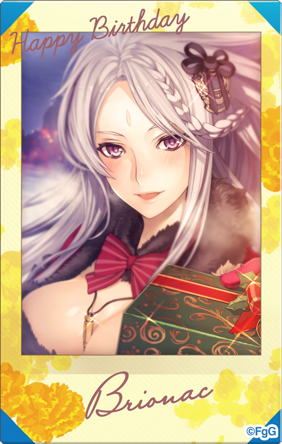 1girl, bow, bowtie, box, braid, breasts, brionac_(phantom_of_the_kill), character_name