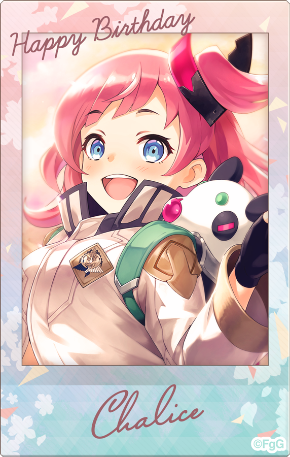 1girl, :d, black_gloves, blue_eyes, chalice_(phantom_of_the_kill), character_name, commentary_request, copyright_notice