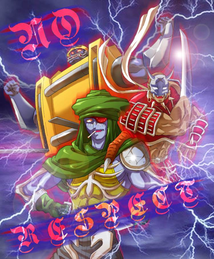 3boys, abs, armor, artist_request, bone_cold, clenched_hands, evil_smile, eyepatch, fork_the_giant, gloves, glowing, glowing_eyes, hanzo_(kinnikuman), helmet, kinnikuman, kinnikuman_nisei, looking_at_viewer, manly, mask, monster_boy, multiple_boys, muscular, ninja, oni_mask, smile, weapon, wrestling