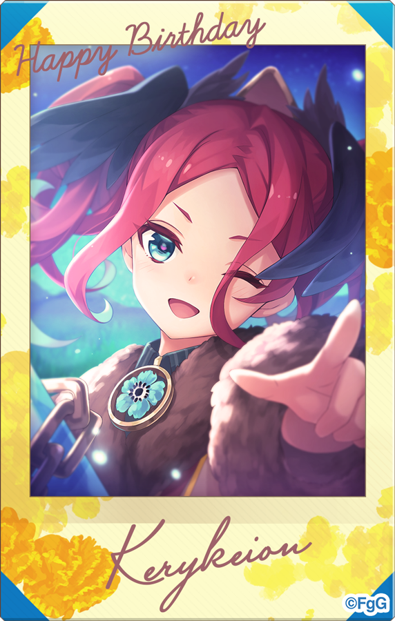 1girl, ;d, blue_eyes, chain, character_name, commentary_request, copyright_notice, cropped_torso