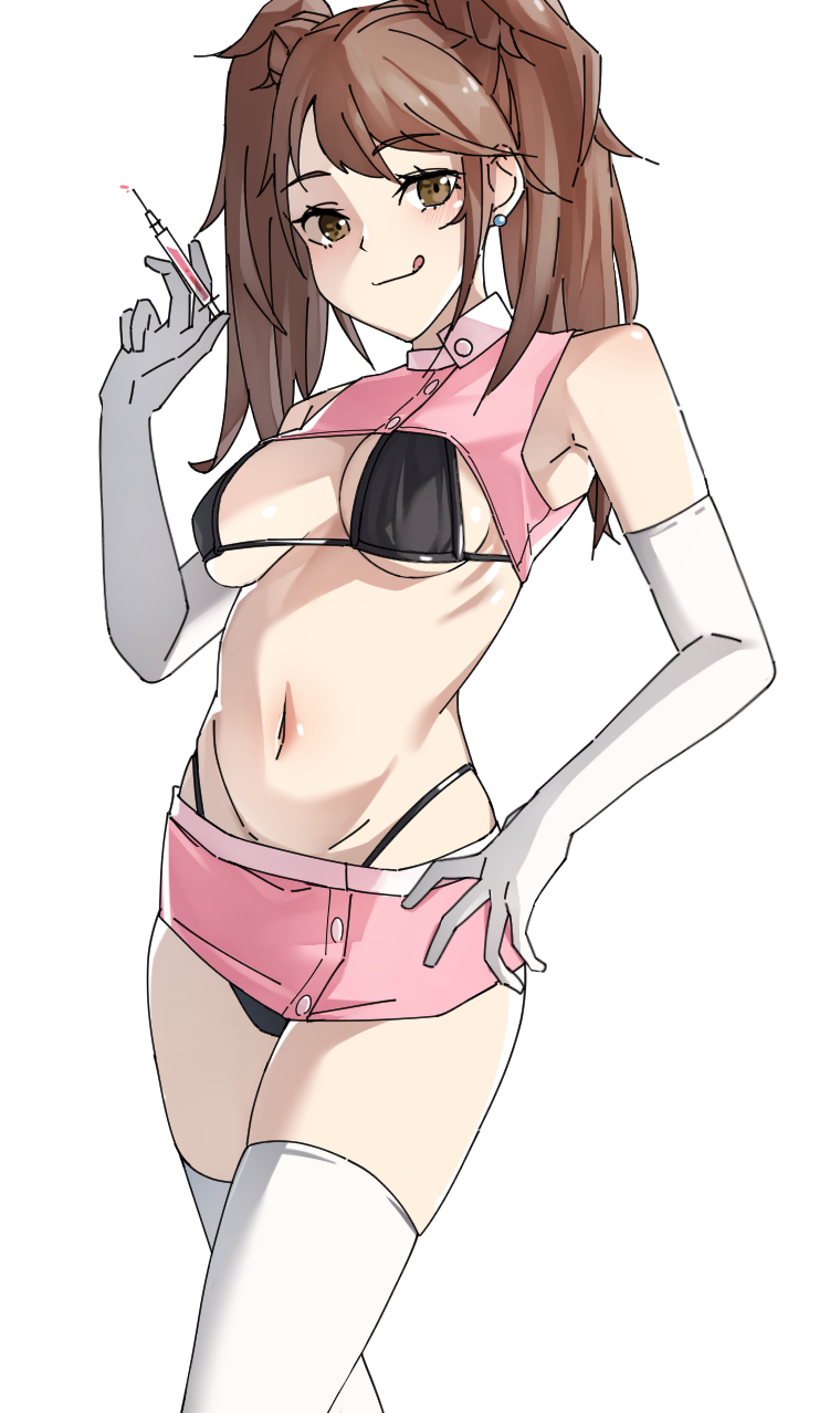 1girl, :q, bikini, black_bikini, blush, breasts, brown_eyes, brown_hair