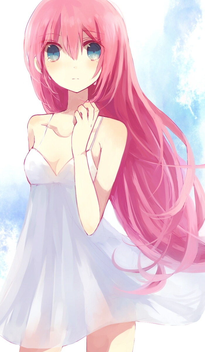 1girl, bare_shoulders, blue_eyes, dress, female_focus, highres, long_hair, megurine_luka