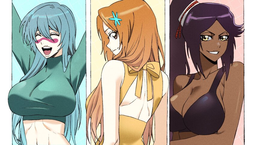 3girls, bleach, breasts, cleavage, closed_eyes, collarbone, green_hair, highres