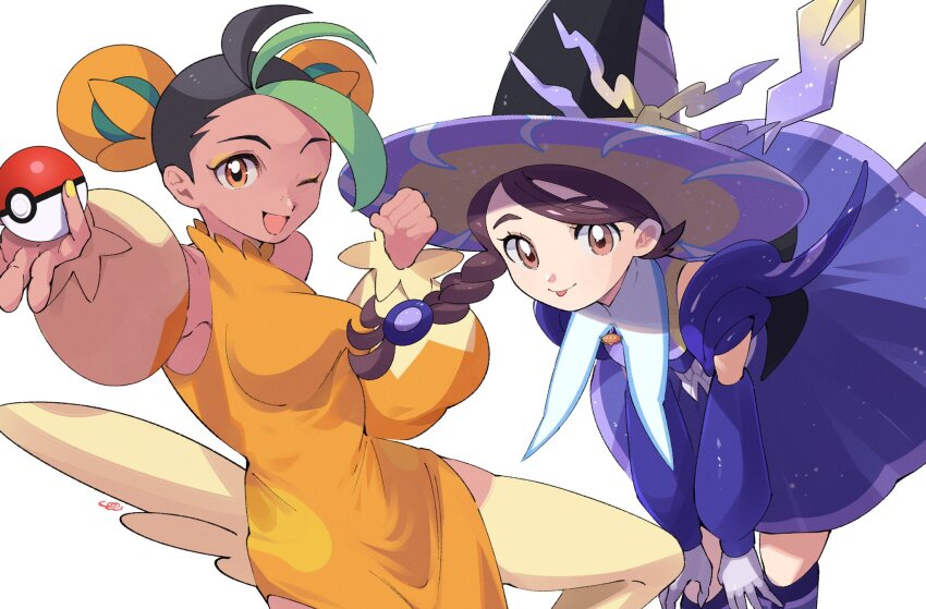 2girls, :d, :p, bent_over, black_hair, blue_dress, braid, breasts, brown_eyes, brown_hair, commentary, cosplay, dark-skinned_female, dark_skin, dress, eyelashes, gloves, green_hair, grey_gloves, hat, highres, holding, holding_poke_ball, juliana_(pokemon), looking_at_viewer, miraidon, miraidon_(cosplay), multicolored_hair, multiple_girls, nemona_(pokemon), nintendo, one_eye_closed, open_mouth, patata_sms, pawmot, pawmot_(cosplay), poke_ball, poke_ball_(basic), pokemon, pokemon_scarlet_and_violet, simple_background, single_braid, smile, streaked_hair, untranslatable_commentary, tongue, tongue_out, two-tone_hair, white_background, witch_hat