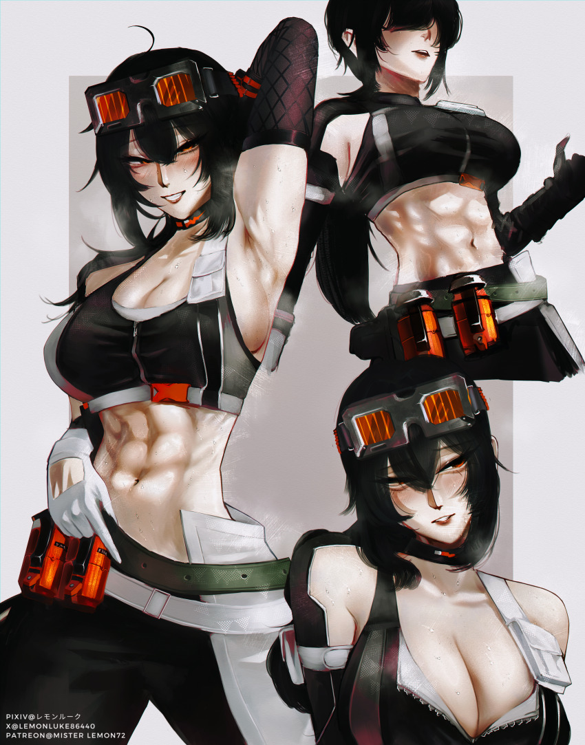 1girl, abs, absurdres, black_hair, blush, breasts, gloves, grace_howard, hair_between_eyes, highres, large_breasts, lemonluke101, mature_female, muscular, muscular_female, original, short_hair, simple_background, smile, standing, tagme, thighs, tomboy, toned, toned_female, zenless_zone_zero