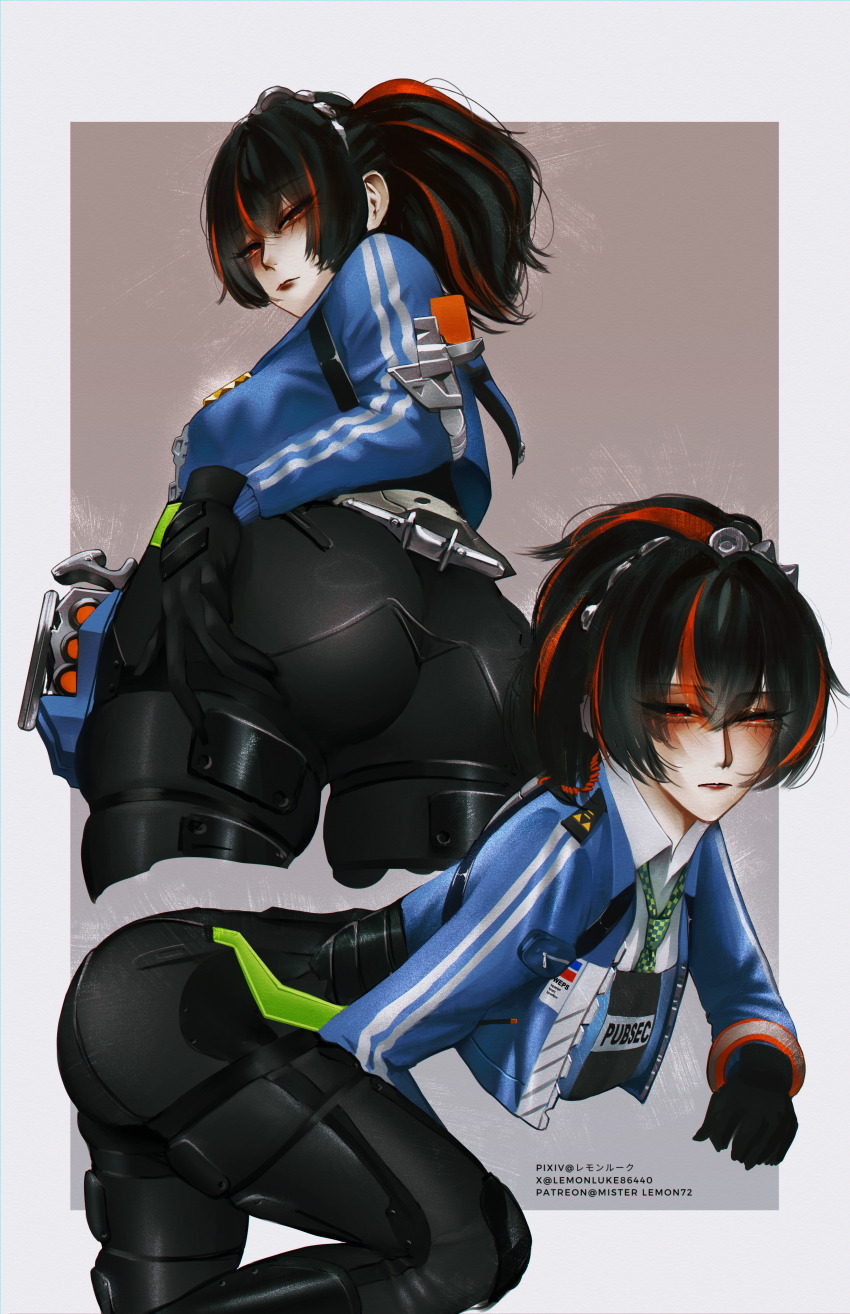 1girl, absurdres, ass, black_hair, breasts, closed_mouth, hair_ornament, high-waist_pants