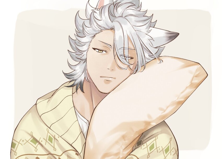 1boy, animal_ears, cardigan, closed_mouth, commentary_request, grey_hair, hugging_object, jack_howl