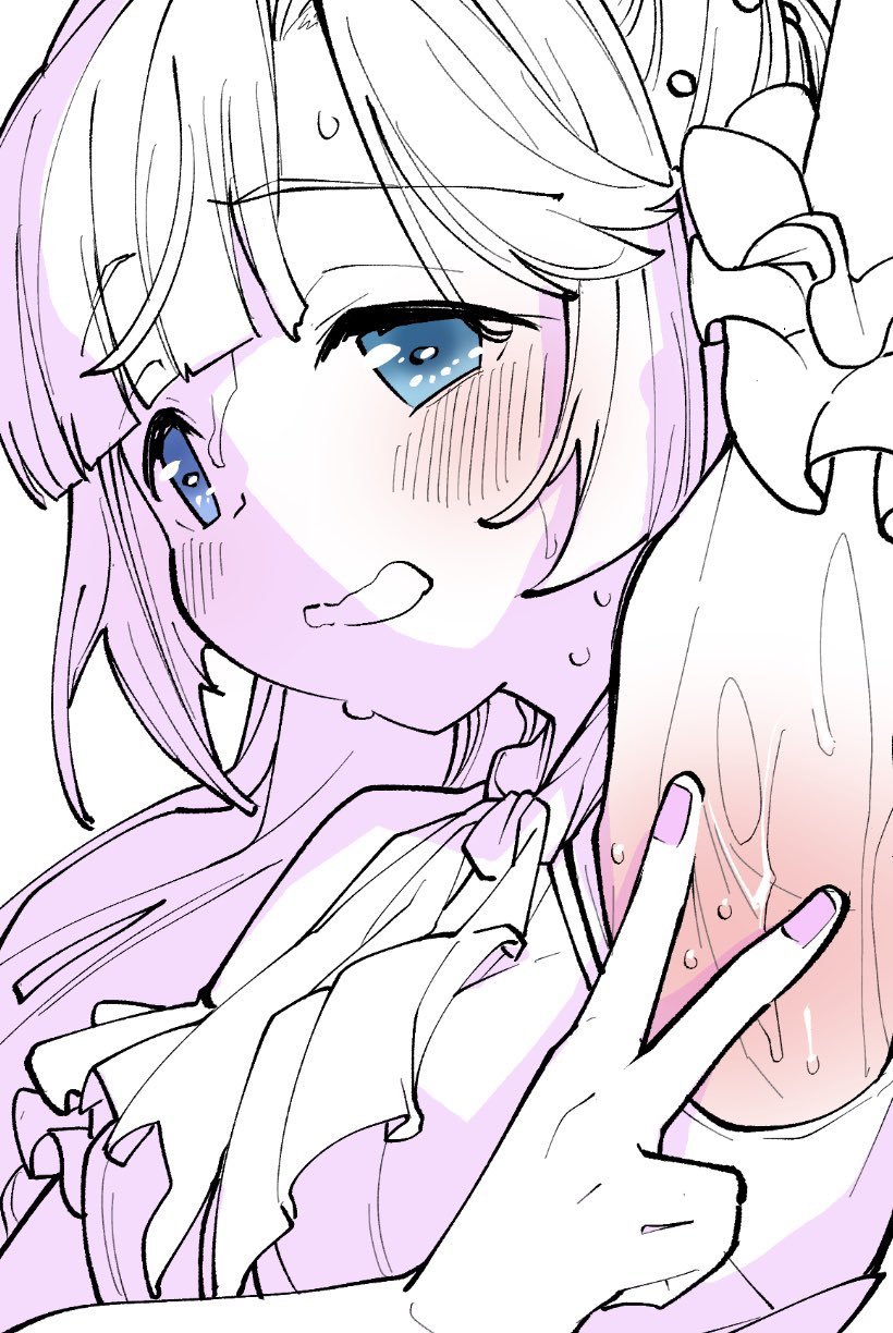 1girl, anyoji_hime, arm_up, armpits, blue_eyes, blunt_bangs, blush, breasts, commentary, dress, frilled_dress, frills, greyscale, highres, link!_like!_love_live!, link_to_the_future_(love_live!), long_hair, looking_at_viewer, love_live!, medium_breasts, monochrome, open_mouth, ponytail, presenting_armpit, sidelocks, simple_background, sleeveless, sleeveless_dress, solo, spot_color, sweat, swept_bangs, upper_body, v, very_sweaty, virtual_youtuber, white_background, yukiri_takashi