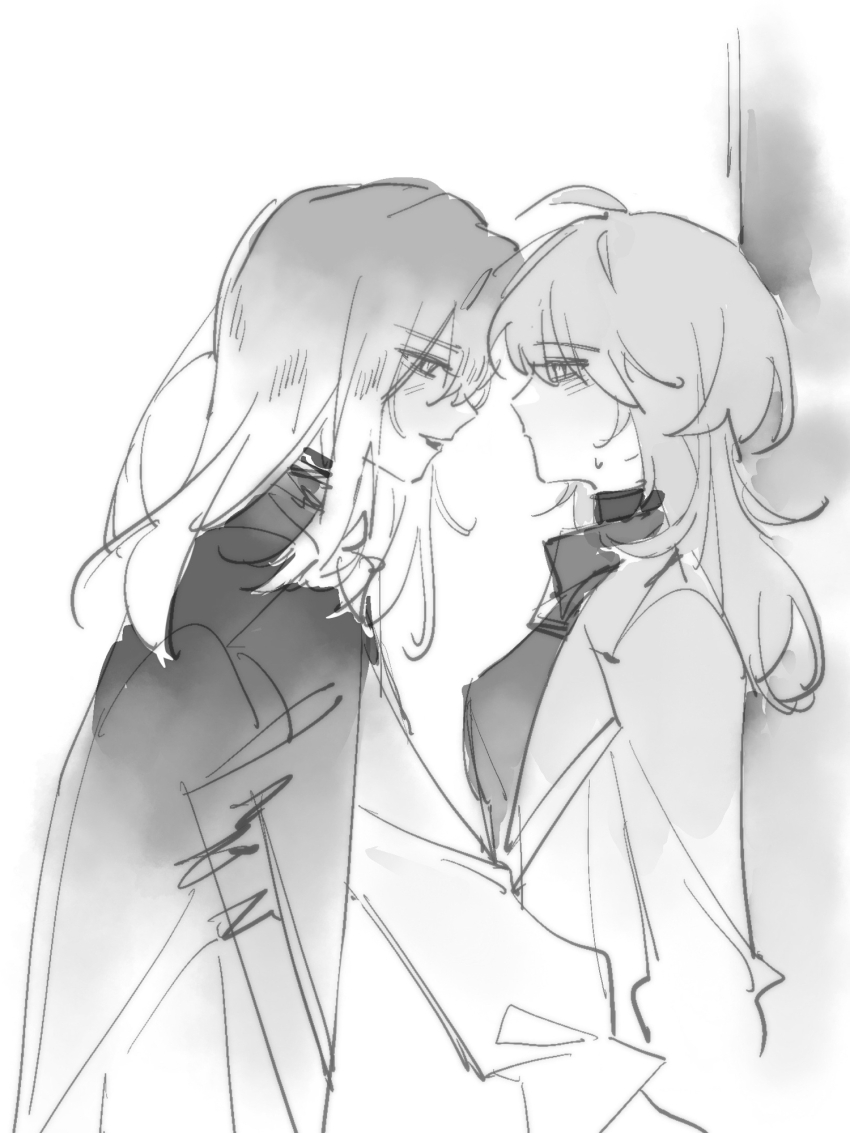 2girls, blush, chief_(path_to_nowhere), coat, coat_on_shoulders, collared_shirt, commentary, eateatcookie