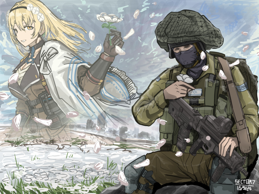 1boy, 1girl, absurdres, ammunition_pouch, assault_rifle, balaclava, black_gloves, blonde_hair