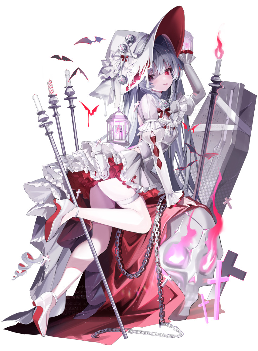 1girl, :p, back_cutout, bat_(animal), black_eyes, candle, candlestand, chain