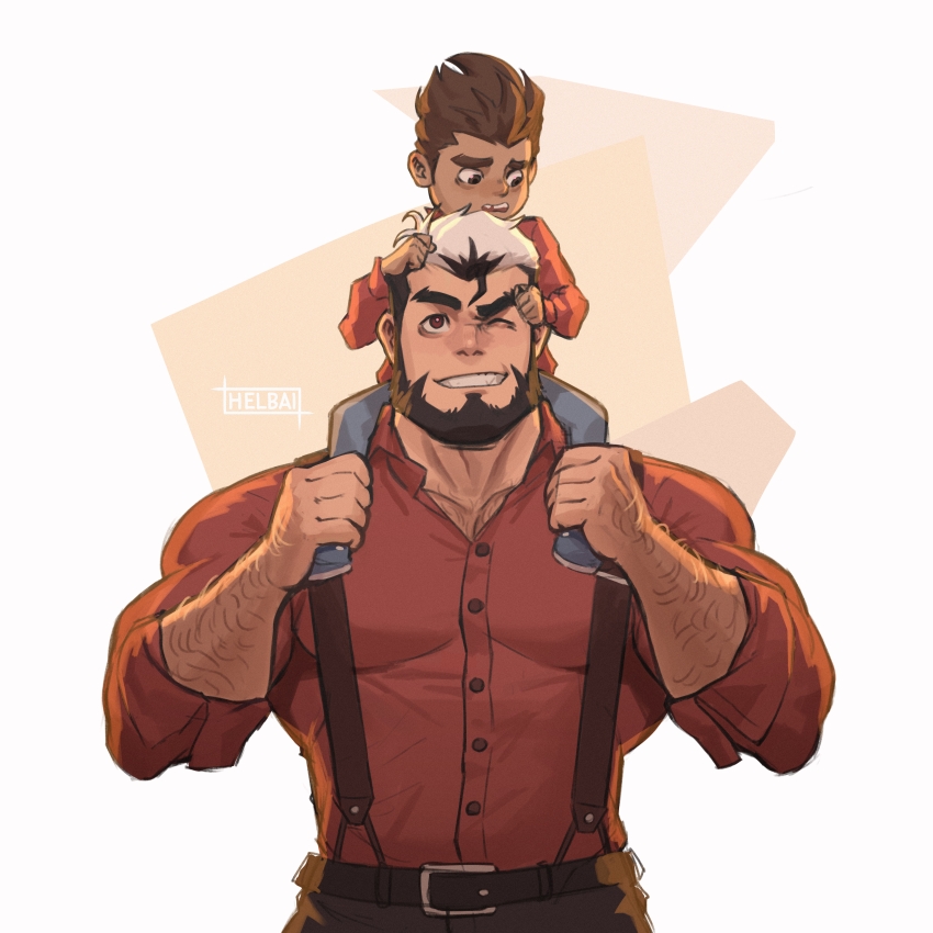 2boys, absurdres, arm_hair, artist_name, bara, beard, belt, black_belt