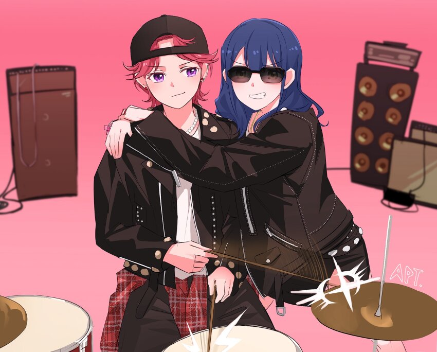 2girls, apt._(rose_&amp;_bruno_mars), black_jacket, blue_hair, blunt_bangs, brown_eyes, closed_mouth, clothes_around_waist