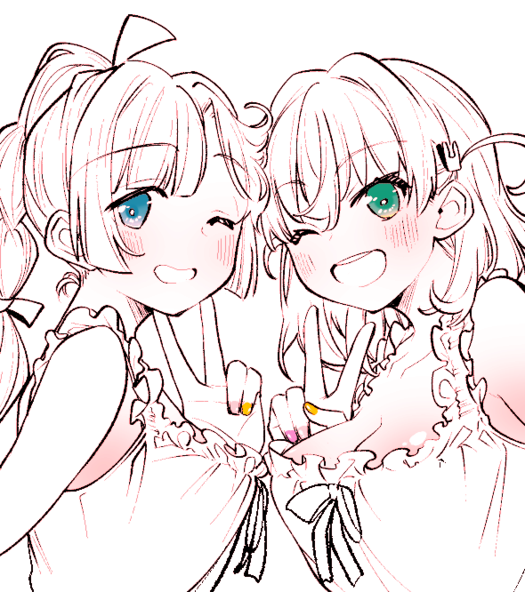 2girls, :d, ;d, ahoge, alternate_costume, anyoji_hime, blue_eyes, blunt_bangs