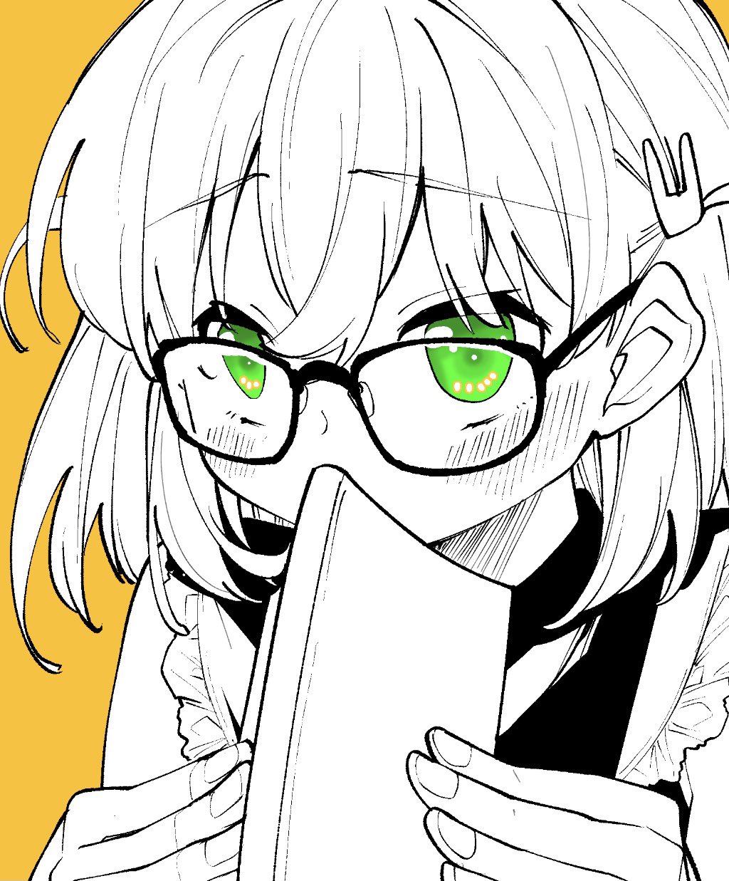 1girl, blush, book, collared_shirt, commentary, covering_own_mouth, crossed_bangs, frilled_shirt, frills, glasses, green_eyes, greyscale_with_colored_background, hair_ornament, highres, hinoshita_kaho, hinoshita_kaho_(ishikawa_prefectural_library), holding, holding_book, link!_like!_love_live!, looking_at_viewer, love_live!, medium_hair, rabbit_hair_ornament, shirt, sleeveless, sleeveless_shirt, solo, spot_color, untranslatable_commentary, two_side_up, upper_body, virtual_youtuber, yukiri_takashi