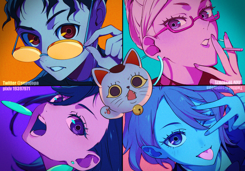 1boy, 3girls, ayase_momo, ayase_seiko, bell, cat, cigarette, commentary, dandadan, earrings, eyelashes, glasses, green_background, hair_behind_ear, hair_between_eyes, holding, holding_cigarette, hoop_earrings, hua_(supa_jopa), jewelry, jingle_bell, looking_at_viewer, multiple_girls, nail_polish, one_eye_closed, open_mouth, parted_lips, pink_background, pixiv_id, portrait, purple_background, round_eyewear, semi-rimless_eyewear, shiratori_aira_(dandadan), short_hair, takakura_ken_(dandadan), tongue, tongue_out, turbo_granny_(dandadan), twitter_username, under-rim_eyewear, upper_body, v, yellow_background