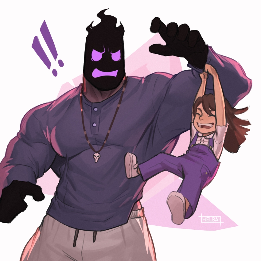 !, !!, 1boy, 1girl, absurdres, artist_name, bara, black_hair, child, closed_eyes, death_(helbai), father's_day, grey_pants, grey_shirt, helbai, highres, jewelry, large_pectorals, long_hair, looking_at_another, muscular, muscular_male, necklace, open_mouth, pants, pectorals, shirt, smile, sucking_up_to_death