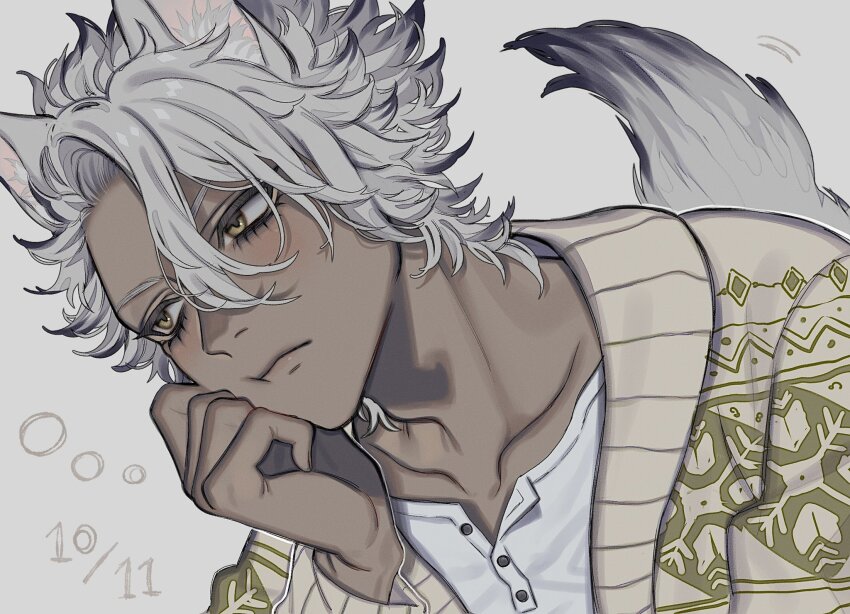 1boy, animal_ear_fluff, animal_ears, cardigan, commentary_request, dark-skinned_male, dark_skin, grey_background