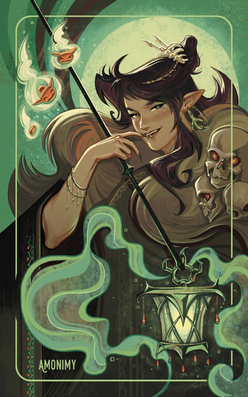 1boy, amonimy, artist_name, border, bracelet, brown_hair, chinese_clothes, colored_smoke, earrings, fingernails, ghost, green_background, green_border, green_eyes, green_hanfu, green_nails, hanfu, highres, holding, holding_lantern, inset_border, jewelry, lantern, long_fingernails, long_hair, looking_at_viewer, makeup, male_focus, pointy_ears, qi_rong, skull, smile, smoke, solo, tianguan_cifu, upper_body