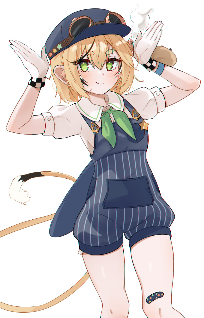 1girl, arms_up, bandaid, bandaid_on_leg, blonde_hair, blue_hat, blue_overalls, blush