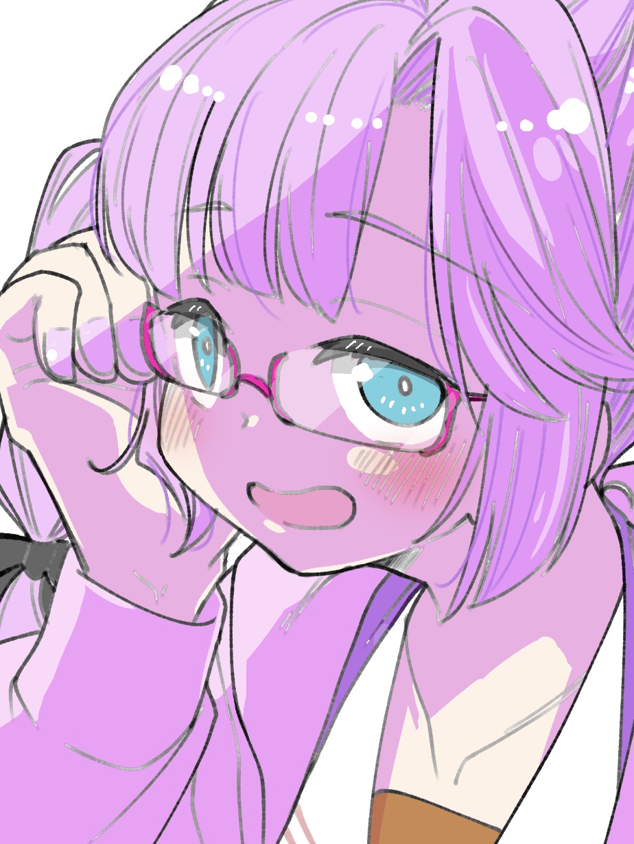 1girl, :d, anyoji_hime, bespectacled, black_ribbon, blue_eyes, blunt_bangs, blush