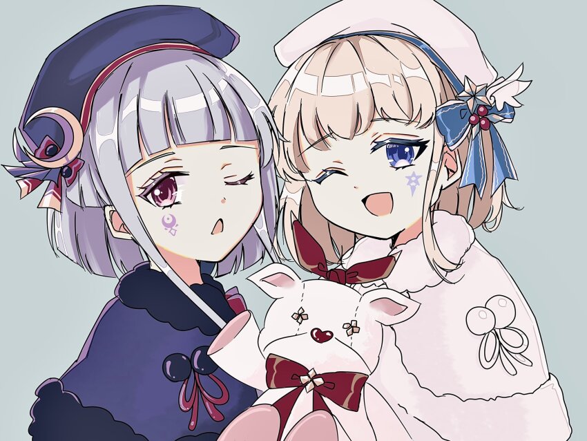 2girls, 4nka_marine, ;d, arcaea, beret, blonde_hair, blue_capelet, blue_eyes, blue_hat, blue_ribbon, blunt_bangs, capelet, chestnut_mouth, colored_eyelashes, commentary_request, crescent, crescent_hat_ornament, eto_(arcaea), eto_(winter)_(arcaea), facial_mark, fanged_bangs, fur-trimmed_capelet, fur_trim, grey_background, grey_hair, hat, hat_ornament, hat_ribbon, highres, looking_at_viewer, luna_(arcaea), luna_(winter)_(arcaea), mark_under_eye, multiple_girls, one_eye_closed, open_mouth, pink_capelet, pink_hat, purple_eyes, red_ribbon, ribbon, short_hair, siblings, side-by-side, simple_background, sisters, smile, star_(symbol), star_hat_ornament, stuffed_animal, stuffed_toy, twins, upper_body