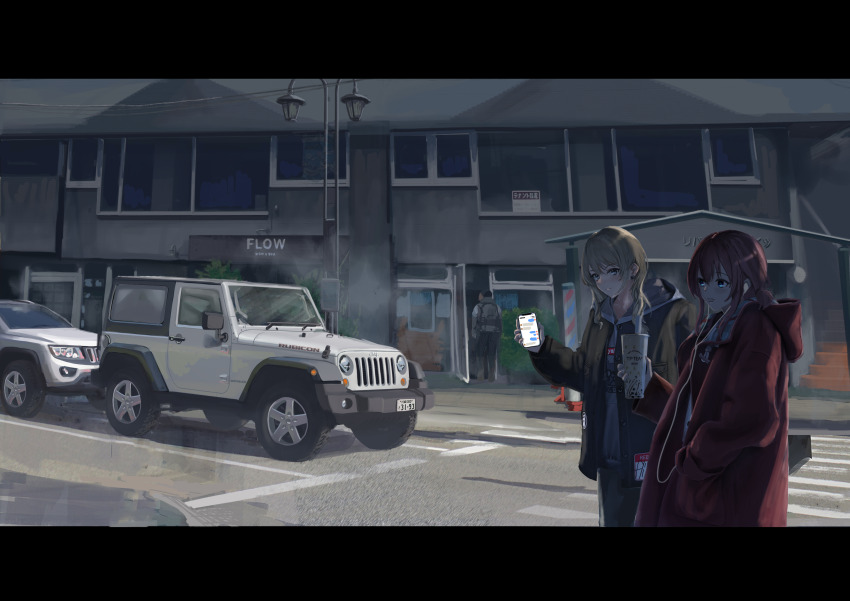 1boy, 2girls, absurdres, black_jacket, building, car, cellphone, coat, cup, disposable_cup, drink, girls_band_cry, grey_hair, hand_in_pocket, highres, holding, holding_cup, holding_drink, holding_phone, iseri_nina, jacket, jeep_(company), jeep_grand_cherokee, jeep_wrangler, kawaragi_momoka, lamppost, letterboxed, license_plate, long_hair, long_sleeves, motor_vehicle, multiple_girls, open_clothes, open_jacket, outdoors, phone, red_coat, red_hair, road, short_twintails, smartphone, sports_utility_vehicle, standing, twintails, white_car, window, yukikaze_supersylph
