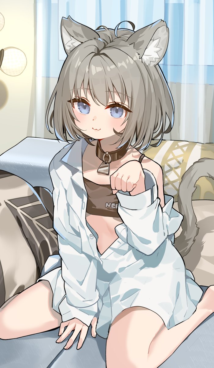 1girl, :3, animal_ears, bare_legs, black_bra, black_collar, blue_eyes, bra, cat_ears, cat_girl, cat_tail, collar, grey_hair, highres, indie_virtual_youtuber, long_sleeves, neruru_(vtuber), off_shoulder, on_bed, open_clothes, open_shirt, oversized_clothes, oversized_shirt, partially_unbuttoned, paw_pose, rk_(rktorinegi), shirt, short_hair, sitting, smile, tail, underwear, virtual_youtuber, wariza, white_shirt