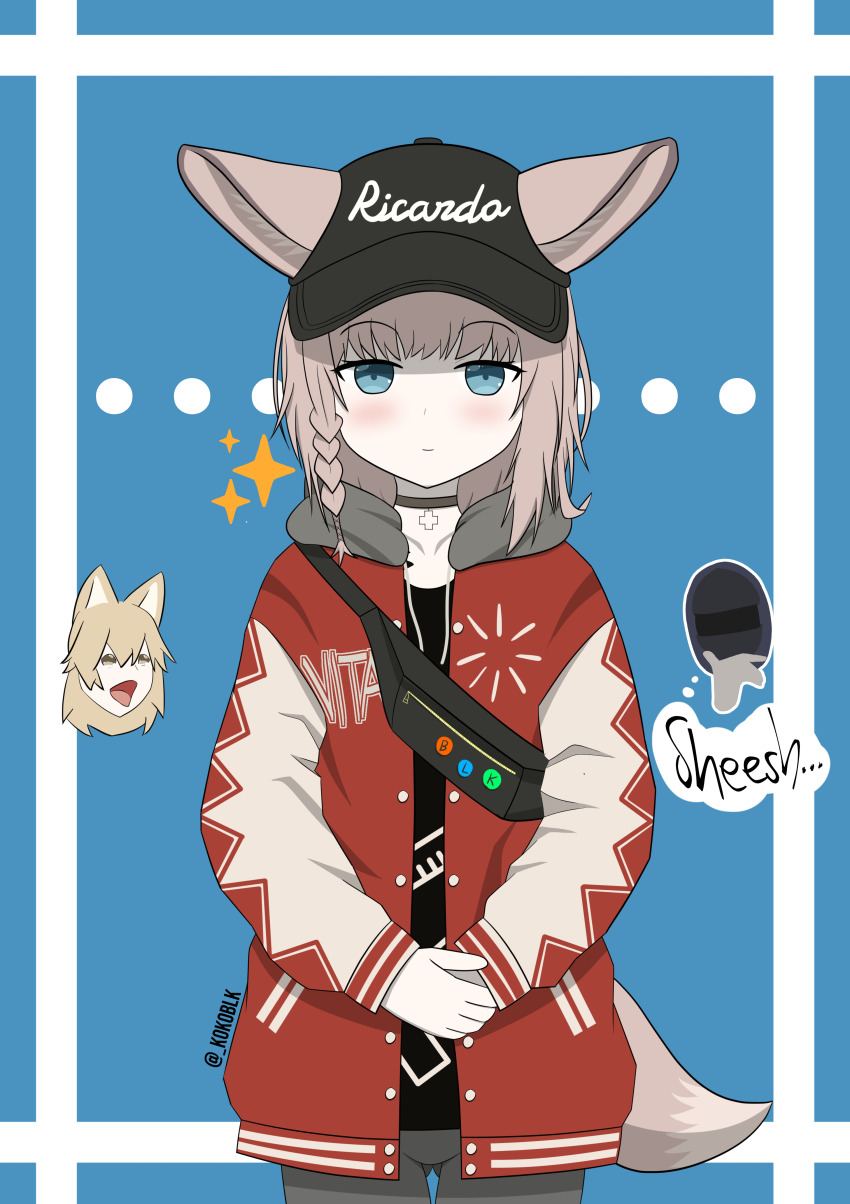 1girl, absurdres, animal_ears, arknights, black_hat, black_pantyhose, blue_background, blue_eyes