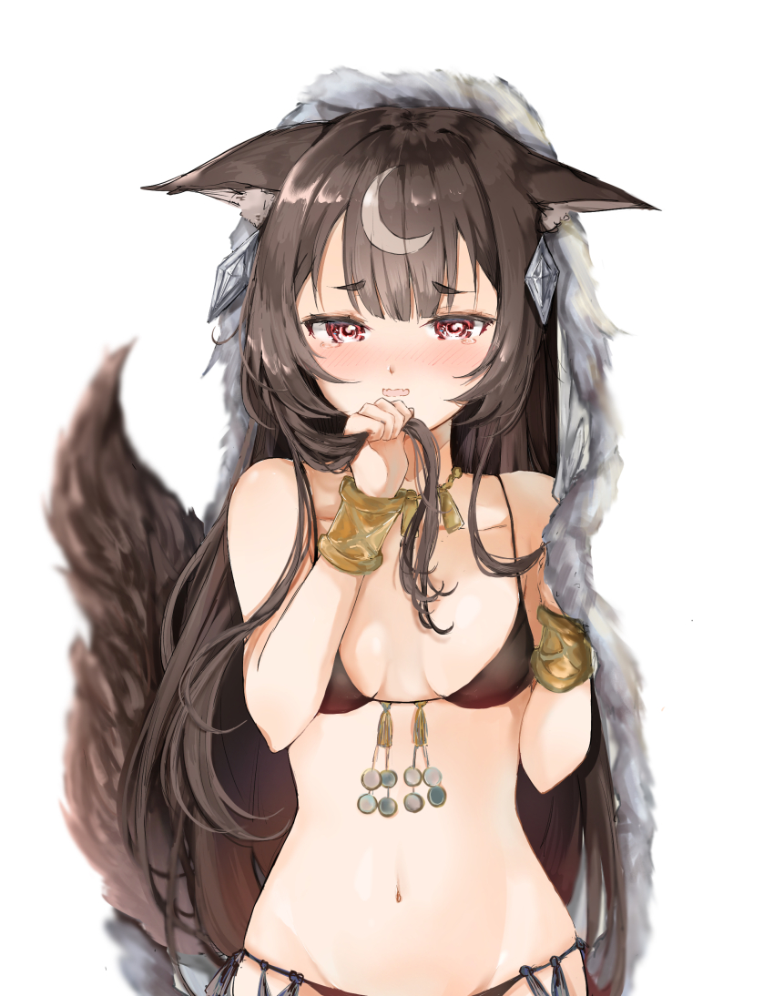 1girl, absurdres, animal_ears, bikini, black_bikini, blanket, blush, bracelet, breasts, dog_ears, dog_girl, dog_tail, ears_down, gold_bracelet, hachiko_(w14mm_hck), highres, jewelry, long_hair, looking_at_viewer, medium_breasts, mementomori_(game), moddey_(mementomori), navel, red_eyes, stomach, swimsuit, tail, tears