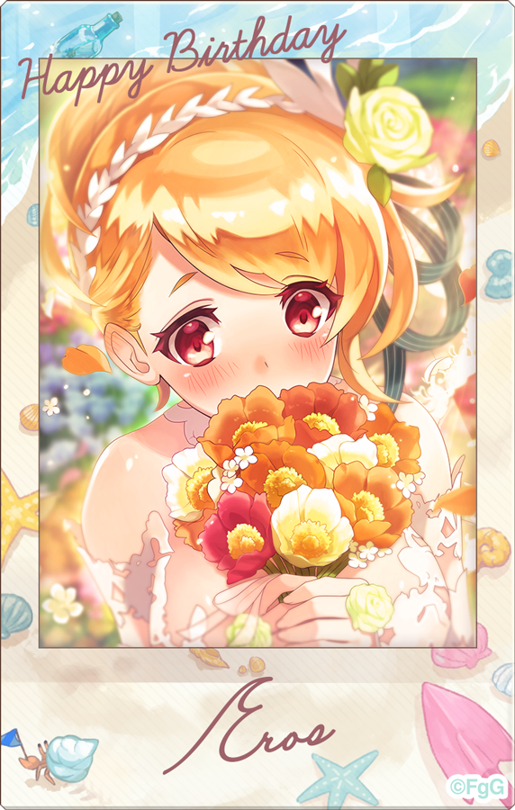 1girl, blonde_hair, blush, bouquet, character_name, commentary_request, copyright_notice, covering_own_mouth