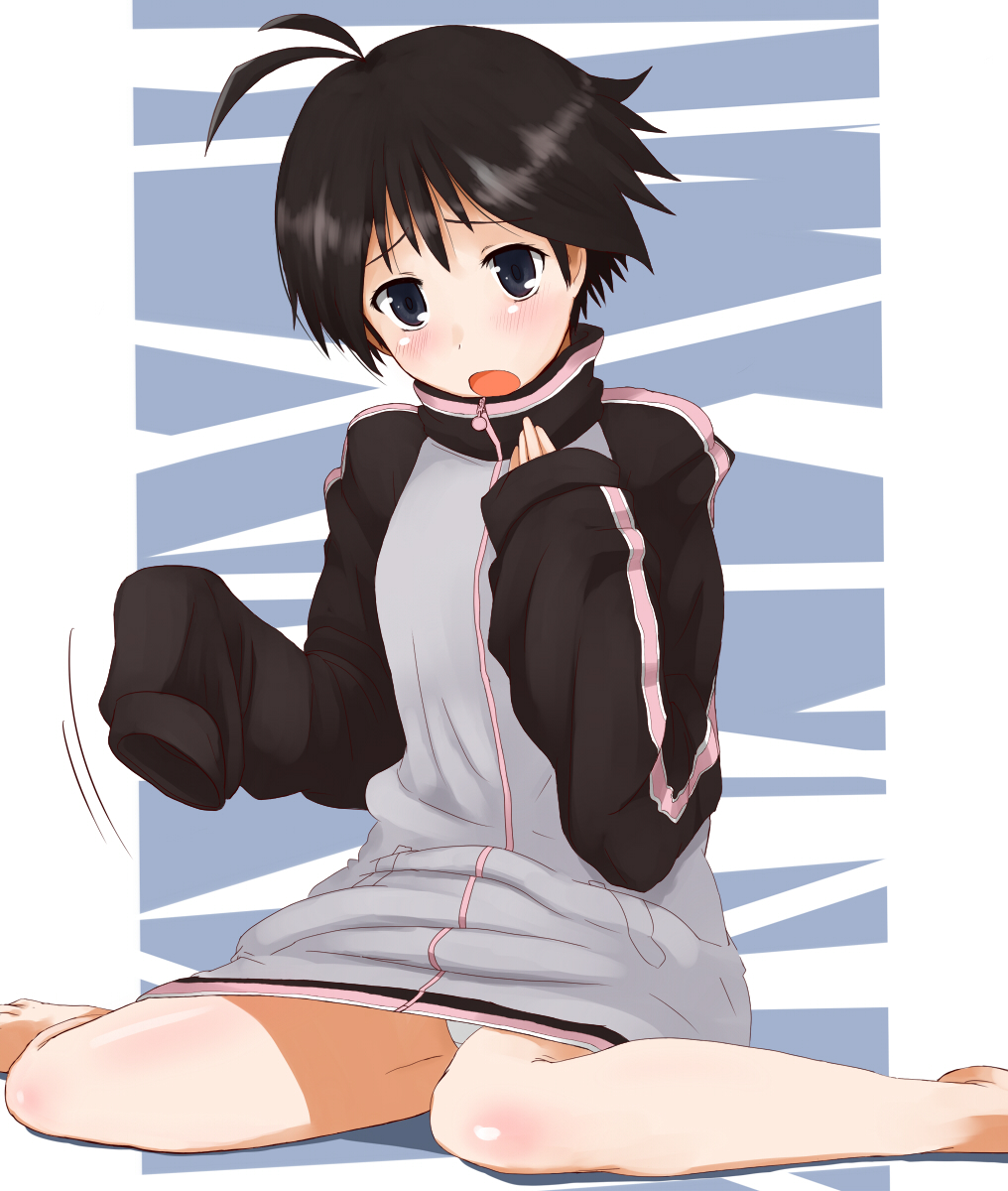 1girl, antenna_hair, barefoot, black_eyes, black_hair, blush, bottomless, embarrassed